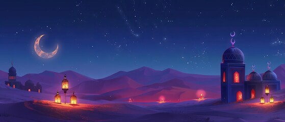 Lanterns in the desert under starry night sky with mosque and crescent moon - Ramadan Kareem illustration