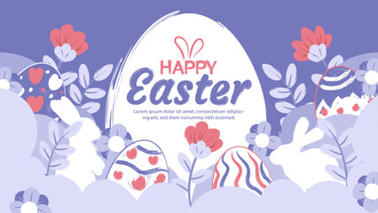 Happy Easter banner, poster, greeting card. Trendy Easter design with typography, bunnies, flowers, eggs, in pastel colors. Watercolor style.