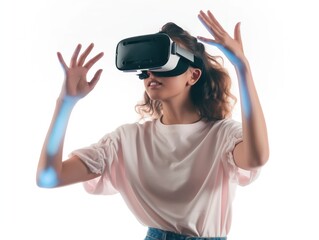 Beautiful woman touching air during VR experience isolated on white