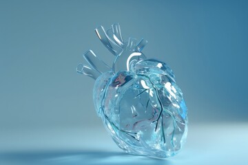 Glass Heart: Transparent Organ on Clean Blue Gradient Background