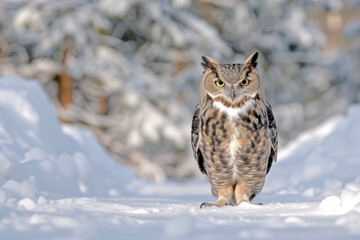 The Owl Standing Quietly in the Snow. The Serene Atmosphere of the Snow and the Presence of the Owl.