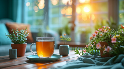 Cup of tea on the table in the morning at home. - obrazy, fototapety, plakaty