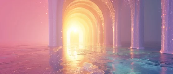 Rolgordijnen 3D depiction of heaven's gates as luminescent pearl archways, transcending into a serene, otherworldly landscape, bathed in a soft, divine glow. © Bilas AI