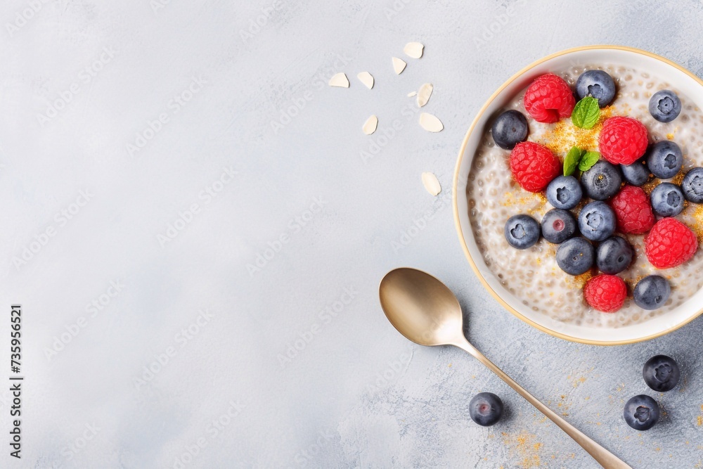 Wall mural Overnight chia seed pudding with fresh blueberries, raspberries and coconut flakes in a bowl with golden spoon Copy space, top view. Breakfast, superfood and vegan food concept. Gray background - Wall murals