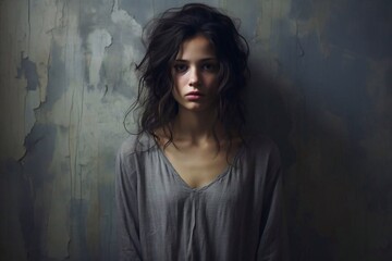 Fototapeta premium Portrait of young sad woman with anxiety disorder, anorexia ans loneliness concept
