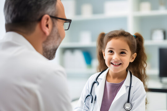 Médecin parlant à une petite fille qui a un stéthoscope autour du cou