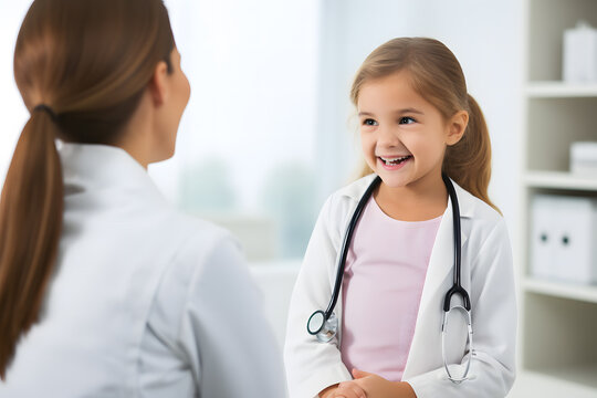 Médecin parlant à une petite fille qui a un stéthoscope autour du cou