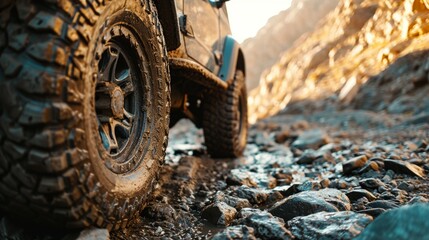 Close-up of the heavy car's tire navigating a rocky path, showcasing its off-road capability.