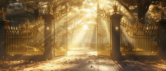 A 3D visualization of heaven's gates, with elegant golden gates opening into a realm of infinite tranquility and shimmering light, surrounded by a heavenly aura.