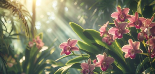 A mesmerizing array of exotic orchids, their intricate patterns and striking colors captured in...