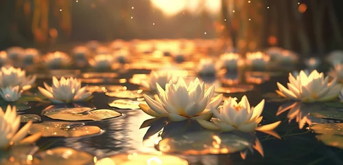 Cercles muraux Réflexion A serene pond adorned with delicate water lilies, their pristine white petals floating gracefully on the shimmering surface, reflecting the golden hues of a setting sun.
