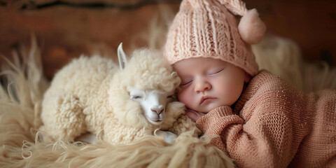 A baby in a peach fuzz knit hat sleeps peacefully beside a white alpaca on a fluffy surface, epitomizing innocence and calmness. pure and gentle bonds between children and animals.