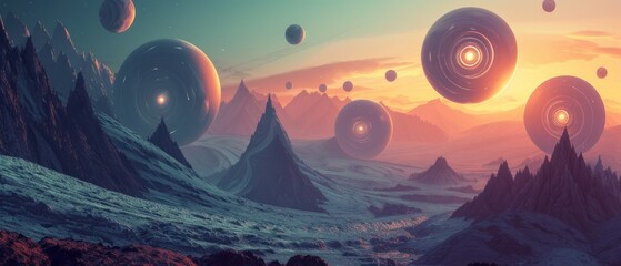 A bizarre, mountainous landscape where the peaks twist into spirals reaching towards a sky scattered with floating, luminous orbs. - obrazy, fototapety, plakaty