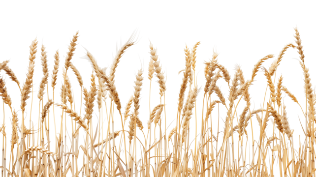 side view of a field of dry mature autumn spikelets of wheat, isolated on transparent background