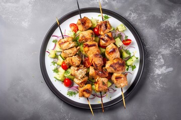 Roasted chicken kebab or souvlaki on a plate over light grey slate, stone or concrete background. Top view with copy space