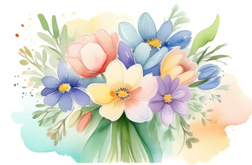 A postcard of spring flowers in pastel colors in watercolor. Spring, holiday, women's day, birthday, holiday. A place for the text. Made with the help of artificial intelligence.