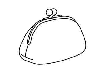 Hand drawn cute outline illustration of coin purse. Flat vector money wallet sticker in line art doodle style. Shopping or payment icon or print. Pouch for cash. Monetary savings. Isolated.