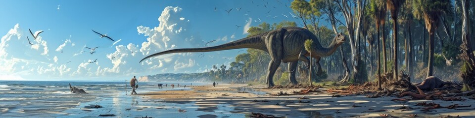 A bustling shoreline during the age of dinosaurs, with colossal sauropods wading through shallow water
