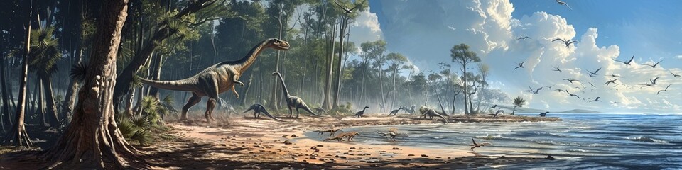 A bustling shoreline during the age of dinosaurs, with colossal sauropods wading through shallow waters, while small, agile theropods  - obrazy, fototapety, plakaty