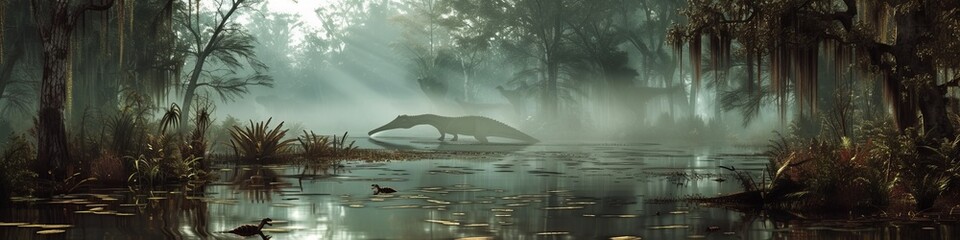 A dense, humid swamp in the dinosaur era, alive with the sounds of croaking amphibians and the rustling of 