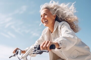 Side view of a cheerful gray-haired wavy older woman riding a bicycle