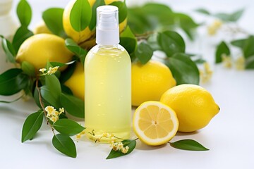 Obraz na płótnie Canvas Delicious lemon shampoo with lemons on the background. Bottle for advertising text