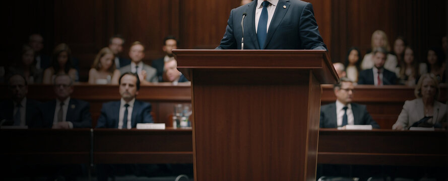 A politician stands at the side and addresses the audience from a podium. Diplomatic speech, debate, demarche, banner, space for text