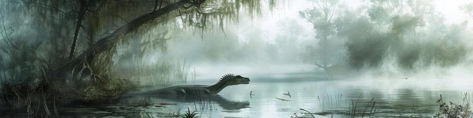 A dense, humid swamp in the dinosaur era, alive with the sounds 