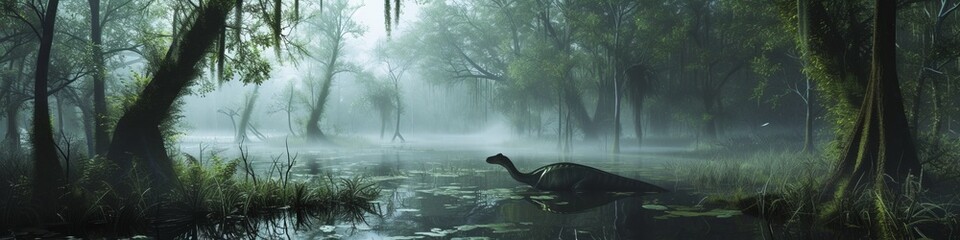 A dense, humid swamp in the dinosaur era, alive with the sounds of croaking amphibians and the rustling of small mammals - obrazy, fototapety, plakaty