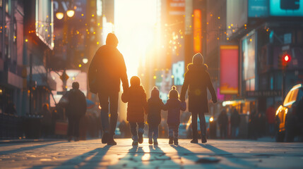 A family, consisting of parents and three children, gracefully holds hands as they stroll along a bustling city - obrazy, fototapety, plakaty