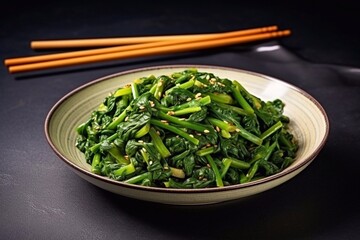 Delicious roasted garlic spinach with chopsticks served in dish isolated on mat side view on gray background