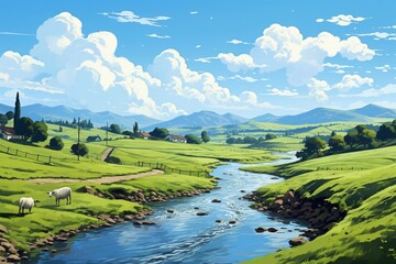 Sunny summer landscape with river.Green hills,fields and meadows. Cloudless clear blue sky