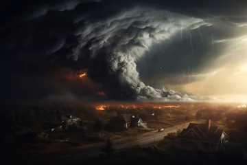 Fotobehang Super Cyclone or Tornado forming destruction over a populated landscape with a home or house on the way. Severe hurricane storm weather clouds © Ирина Курмаева