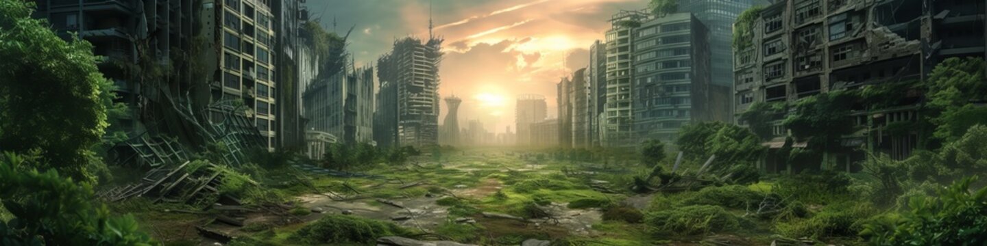 A desolate Earth, with remnants of cities overrun by nature, buildings crumbling and streets reclaimed by forests, under a sky streaked with the remnants of a bygone era.