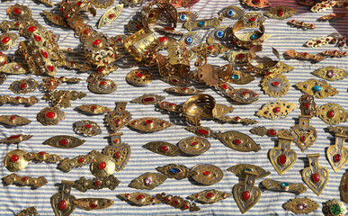 National women's jewelry made of silver and tin with semi-precious stones. Turkmenistan. Ashkhabad market.