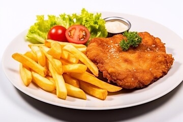 Tender schnitzel with fresh salad, tomatoes and french fries