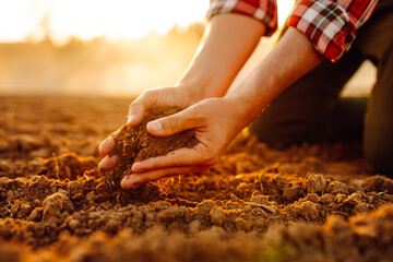 Farmer holding soil in hands close-up. Agriculture, gardening, business or ecology concept.
