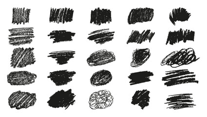 Set black wax crayon spots isolated on white background. Grunge chalk sketch collection. Hand drawn vector pencil stroke lines and doodles. Abstract charcoal children daub. Rough edges.