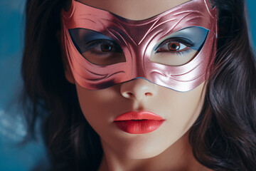 Face of young woman with pink superhero mask