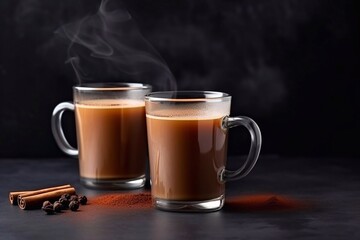 Two mugs of masala tea are on a gray table. Steam comes from them. Hard light, dark background