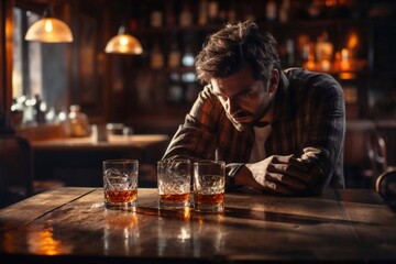 Upset young man drinker alcoholic sitting at bar counter with glass drinking whiskey alone, sad depressed addicted drunk guy having problem suffer from alcohol addiction abuse, alcoholism concept - obrazy, fototapety, plakaty