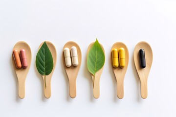Pills for health. A variety of vitamin pills in a wooden spoon on a white background with a green leaf in a row, supplement and medical products, flat surface - obrazy, fototapety, plakaty