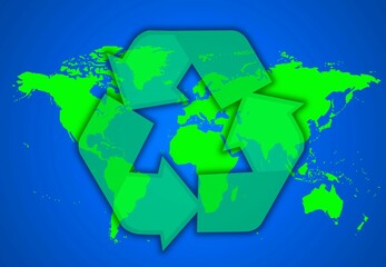 Reciclaje, símbolo, mapa, mundo, planeta, verde