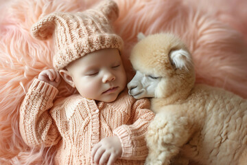 Resting on a pink surface, a baby, donned in a peach knitted outfit, shares a tender moment with a cream-colored alpaca, illustrating the sweetness of infant-animal connections.