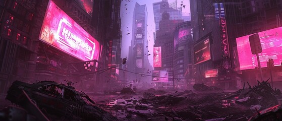 A desolate urban landscape post-cyber warfare, with robotic debris and flickering digital billboards among the ruins.