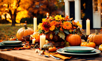 table with pumpkins for Thanksgiving Day. Selective focus.