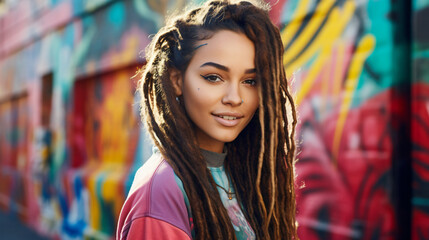 Young Latino woman with long dreadlocks and nose...