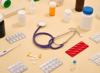 Stethoscope and other pills, antioxidants and tablets. Health care.