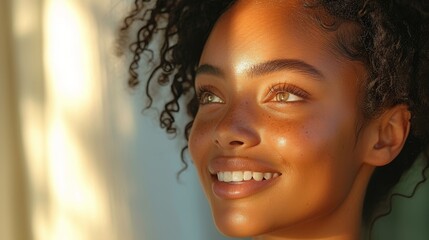 An African-American woman and her happy face. Sunscreen, collagen, and cosmetics lotion of a woman with a smile from natural cosmetics. - obrazy, fototapety, plakaty