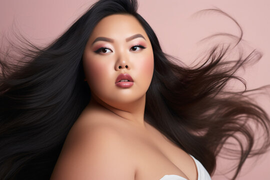 Asian plus size woman in front of studio background